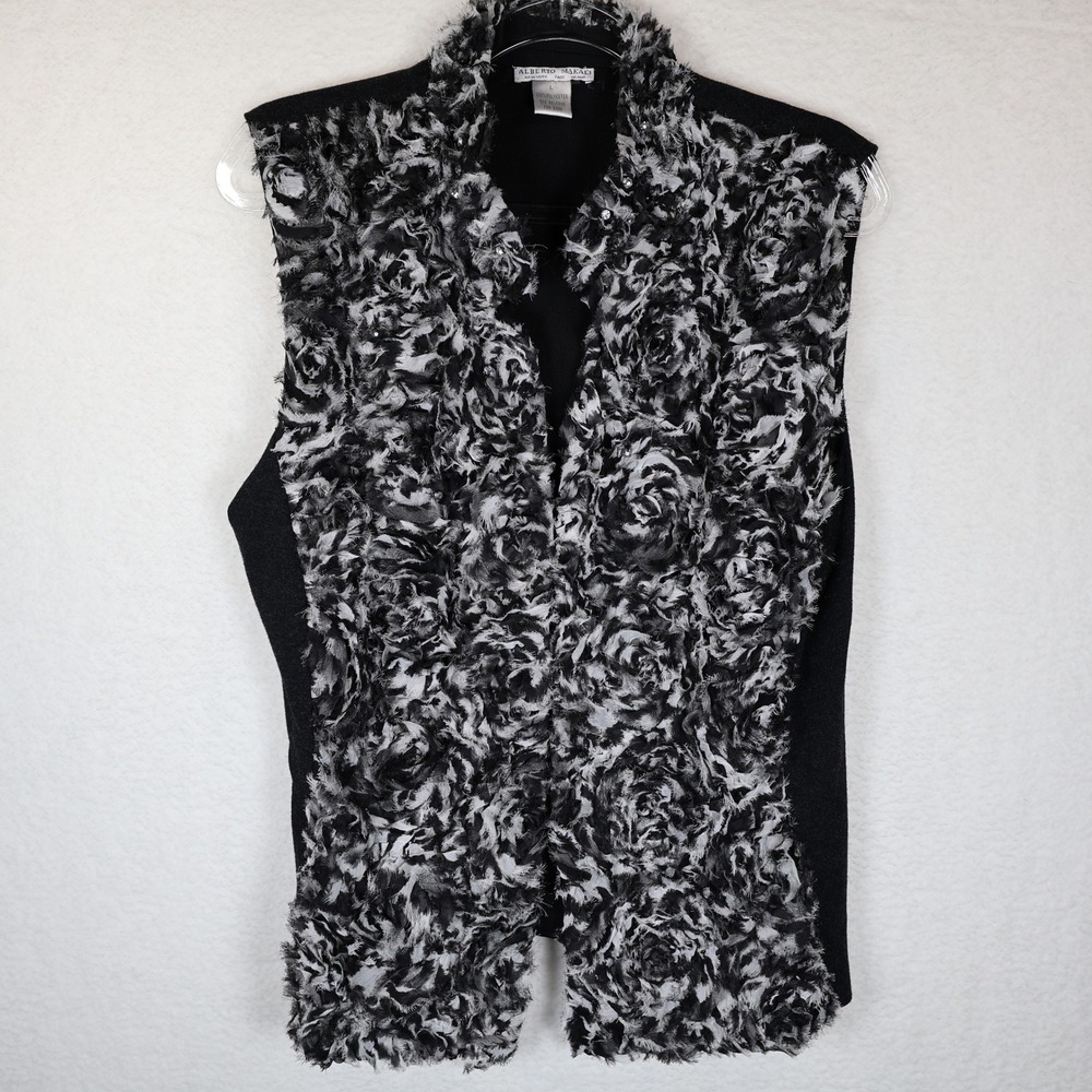 ALBERTO MAKALI Black Gray Textured‎ Rose Floral Vest Layering Piece Size L